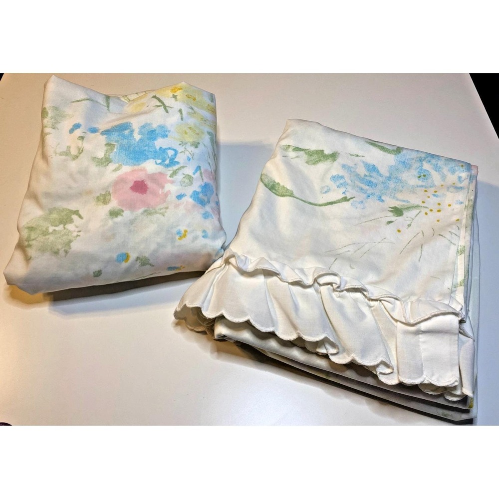 Vintage Sears Full Size Sheet Set Watercolor Floral Cottage Core Ruffles Pink